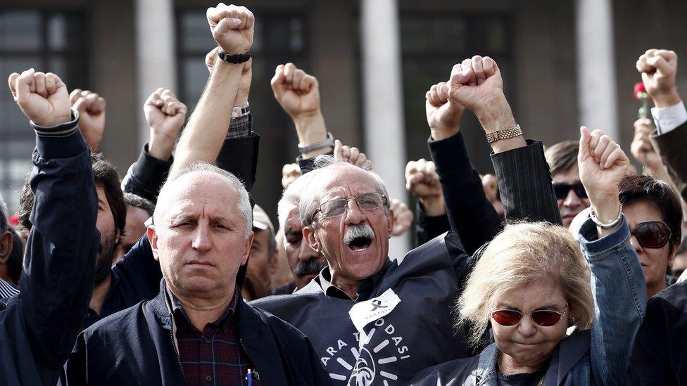 People shout slogans against the Turkish government during a demonstration in Ankara Turkey, 12 October 2015