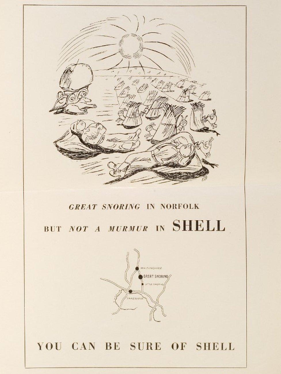 Edward Bawden (1903—1989) Press advertisement for Shell: Great Snoring in Norfolk but not a murmur in Shell, c.1932, print