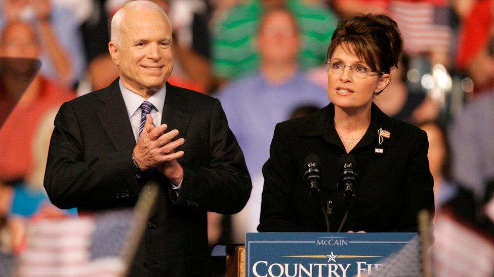 John McCain with Sarah Palin onstage at a campaign rally in Dayton, Ohio (August 2008)