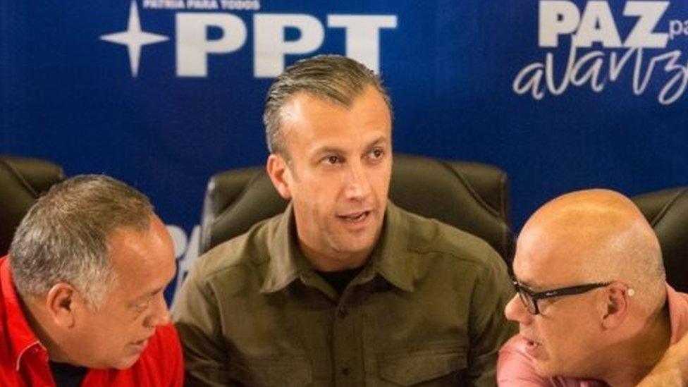 President of the official campaign Jorge Rodriguez (R), Vice President of the Socialist Party of Venezuela Diosdado Cabello (L), and Vice President of Venezuela Tarek El Aissami (C) speak during a press conference in Caracas, Venezuela, 15 October 2017