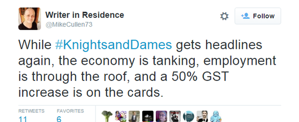 Tweet saying: "While #KnightsandDames gets headlines again, the economy is tanking, employment is through the roof, and a 50% GST increase is on the cards."