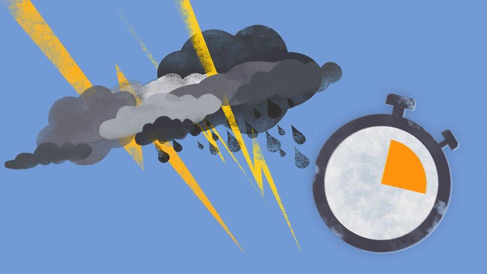 Illustration of lightning forks piercing clouds next to a stopwatch