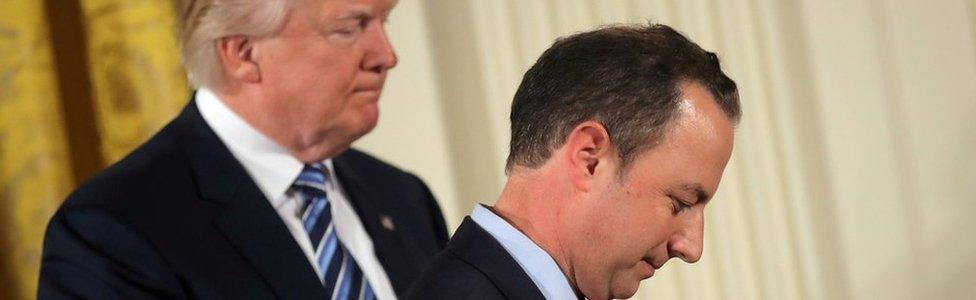 U.S. President Donald Trump congratulates White House Chief of Staff Reince Priebus during a swearing in ceremony for senior staff at the White House in Washington, U.S.