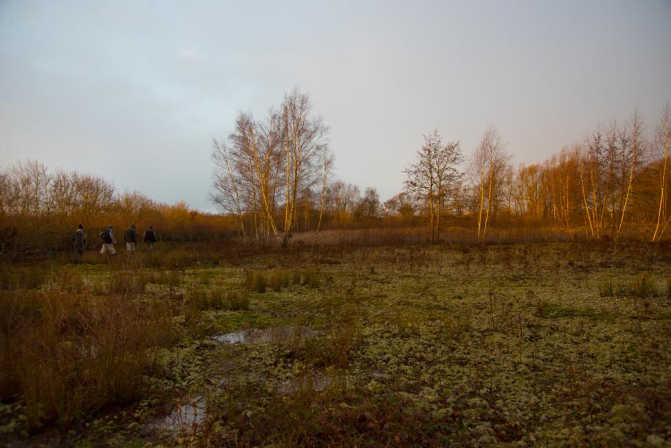 Four men cross a field near Ripley in Surrey