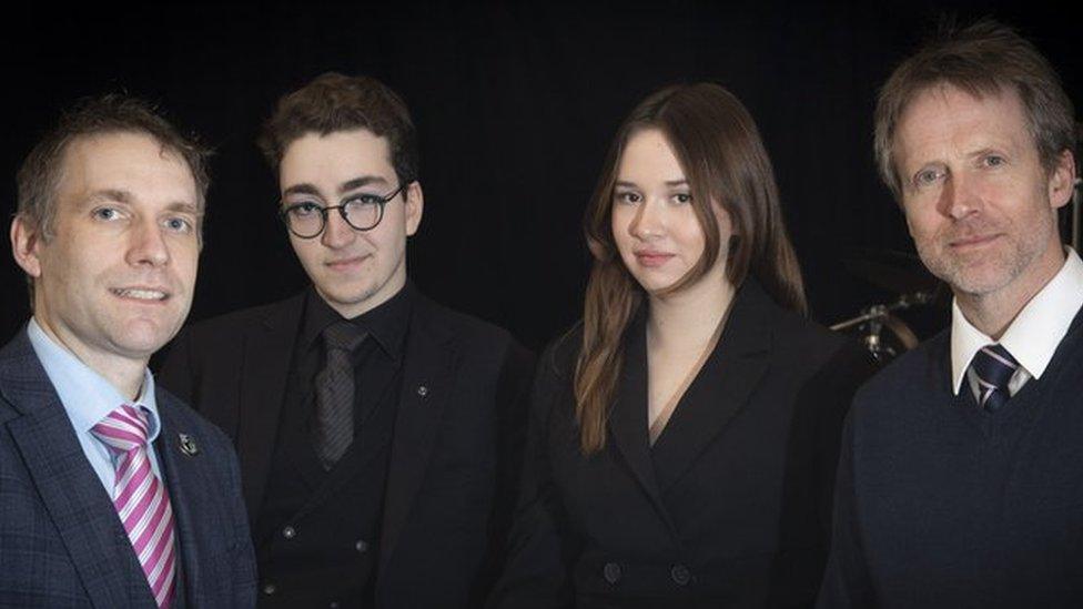 From left, Myddelton College headmaster Andrew Allman, Turkish sixth formers Ekin and Zeynep and school parent and musician Ed Brookes