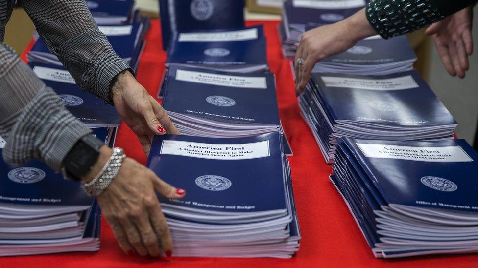 US President Donald Trump's America First budget at the GPO bookstore in Washington, DC, 16 March 2017