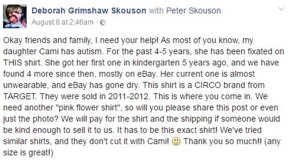 Okay friends and family, I need your help! As most of you know, my daughter Cami has autism. For the past 4-5 years, she has been fixated on THIS shirt. She got her first one in kindergarten 5 years ago, and we have found 4 more since then, mostly on eBay. Her current one is almost unwearable, and eBay has gone dry. This shirt is a CIRCO brand from TARGET. They were sold in 2011-2012. This is where you come in. We need another "pink flower shirt", so will you please share this post or even just the photo? We will pay for the shirt and the shipping if someone would be kind enough to sell it to us. It has to be this exact shirt! We've tried similar shirts, and they don't cut it with Cami! :) Thank you so much!! (any size is great!)