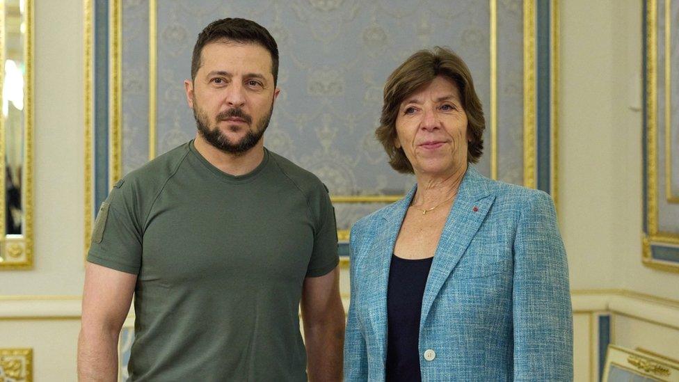 French Foreign Minister Catherine Colonna and Ukraine's President Volodymyr Zelensky attend a meeting in Kyiv, Ukraine