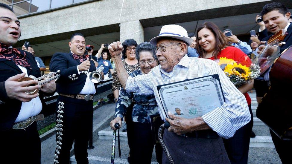 Fabio Alvarado, 91, originally from El Salvador was sworn in as a US citizen on election day