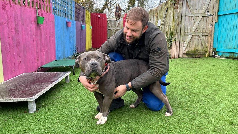 Man kneeling down hugging dog