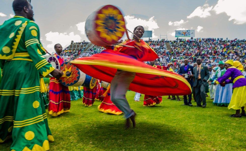 Zimbabwean worshippers and congregants from various indigenous church denominations perform and dance as they wait to be addressed by Zimbabwe first lady Grace Mugabe (not in picture) at a religious gathering rally organised by Zimbabwean ruling party Zimbabwe African National Union- Patriotic Front (Zanu PF) Harare Youth Province on 5 November