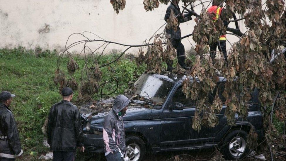 Malagasy firefighters work to remove a fallen tree from a car caused by tropical cyclone Enawo in Antananarivo, Madagascar, on March 8, 2017.