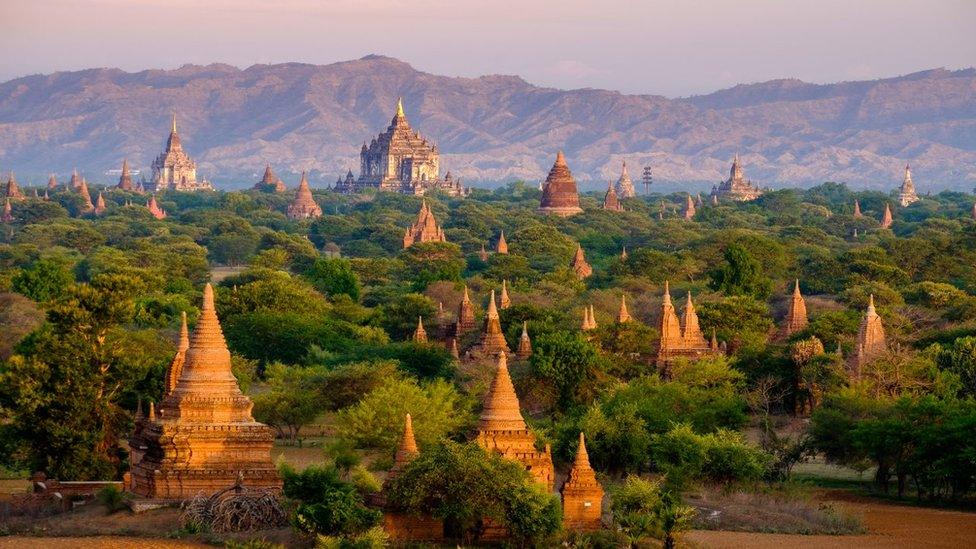 Sunrise landscape view with silhouettes of old temples, Bagan, Myanmar