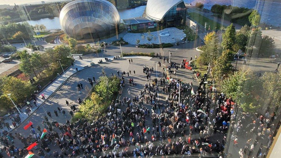 Protestors outside the BBC Scotland building