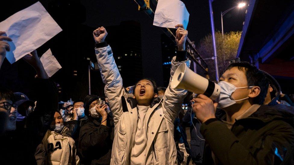 Person protesting, person holding megaphone