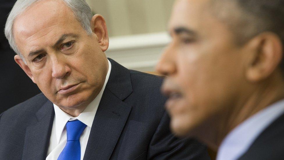 Benjamin Netanyahu looks at Barack Obama during a meeting at the White House on 9 November 2015