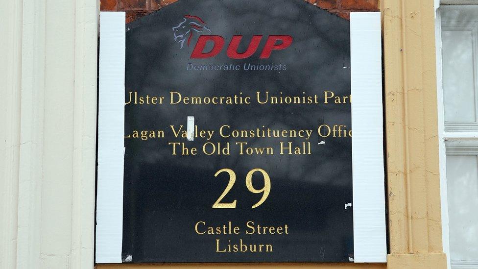 The old DUP constituency office sign in Lisburn