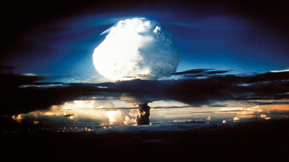 A picture of the first thermonuclear explosion at the Trinity site