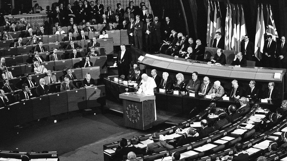 John Paul II delivering a speech in the European Parliament