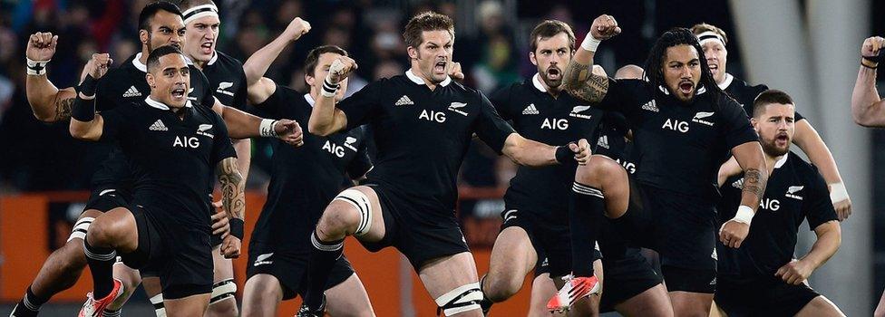 This file picture taken on June 14, 2014 shows New Zealand's All Blacks performing the haka during the second rugby union test match against England in Dunedin. New Zealand's pre-match haka may be one of sports most famous rituals and often claimed to intimidate opposing sides, but now its benefits to the All Blacks are being questioned. Their reputation for being slow starters from the kick off has led to suggestions they are emotionally drained from performing the iconic haka, a traditional war dance once performed by the indigenous Maori before battle.