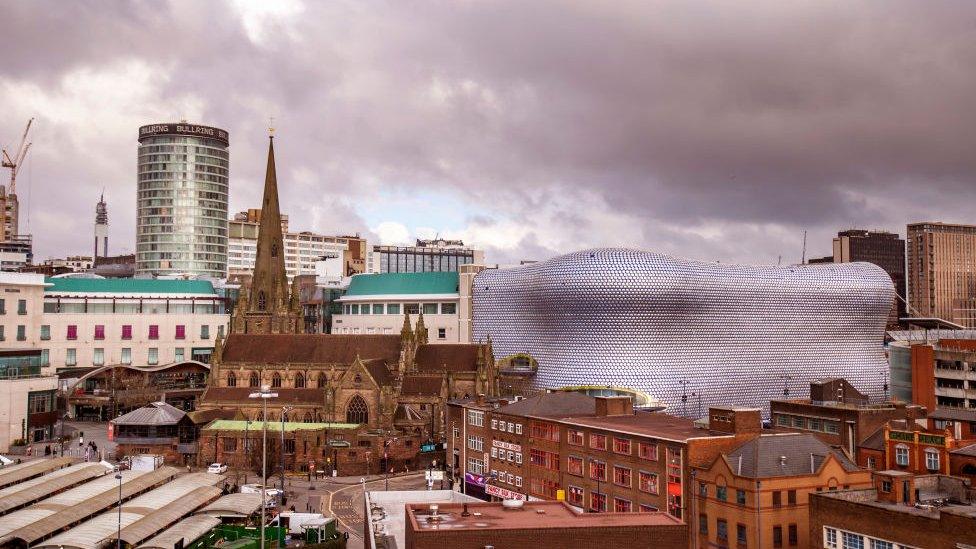 General view of the Bullring shopping centre and St Martin in the Bullring Church in Birmingham city centre on March 20, 2020