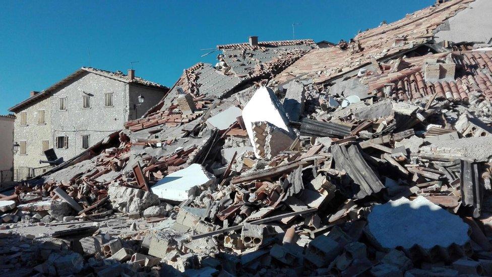 Destroyed building and rubble in Castelluccio di Norcia, Italy, 31 October 2016