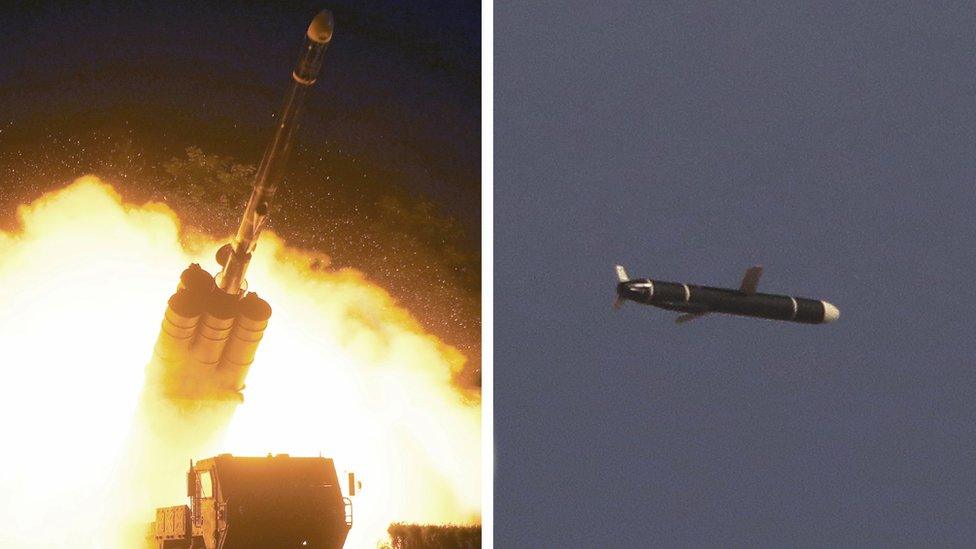 The Academy of National Defense Science conducts long-range cruise missile tests in North Korea, as pictured in this combination of undated photos supplied by North Korea's Korean Central News Agency (KCNA) on 13 September 2021