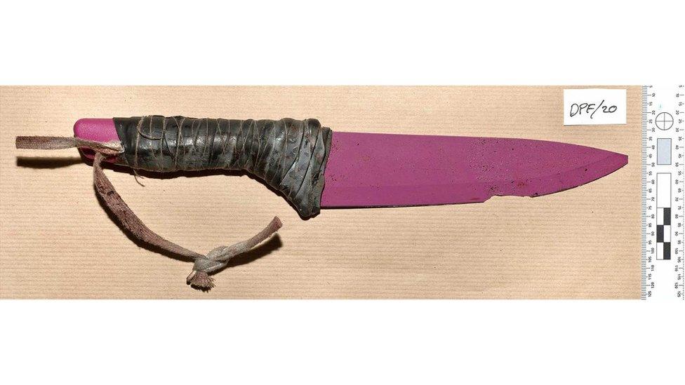 12-inch pink ceramic knives were strapped to the wrists of the attackers