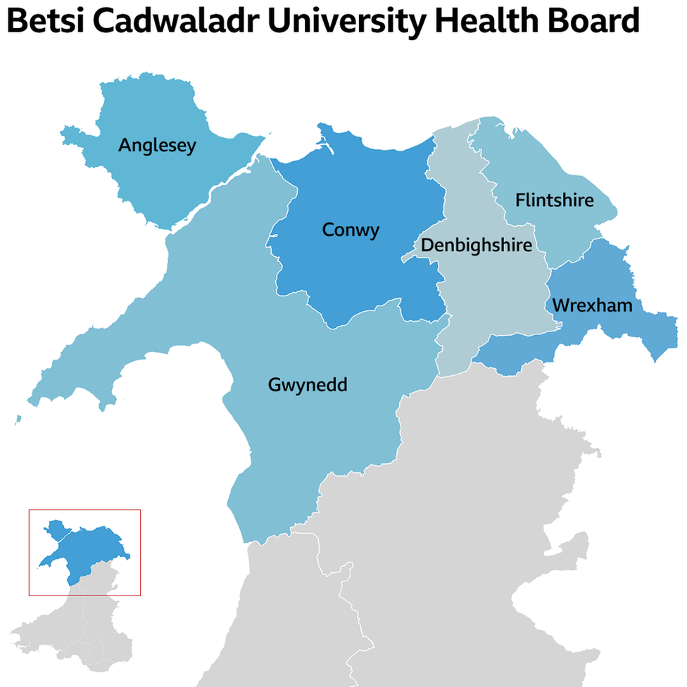 A graphic showing the area of Wales covered by Betsi Cadwaladr health board