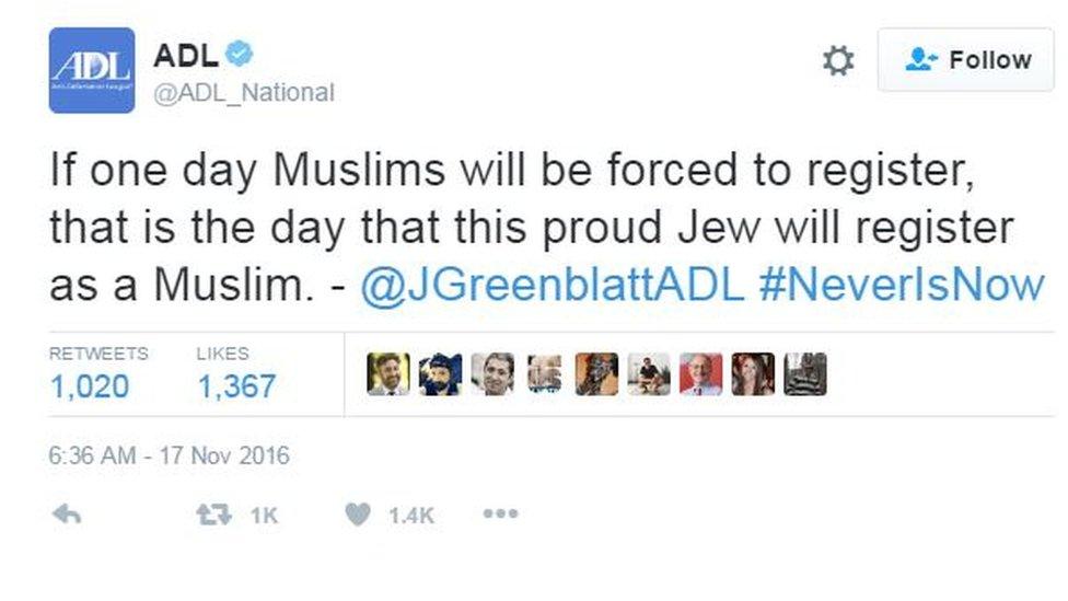 A tweet from the ADL quoting its CEO Jonathan Greenblatt