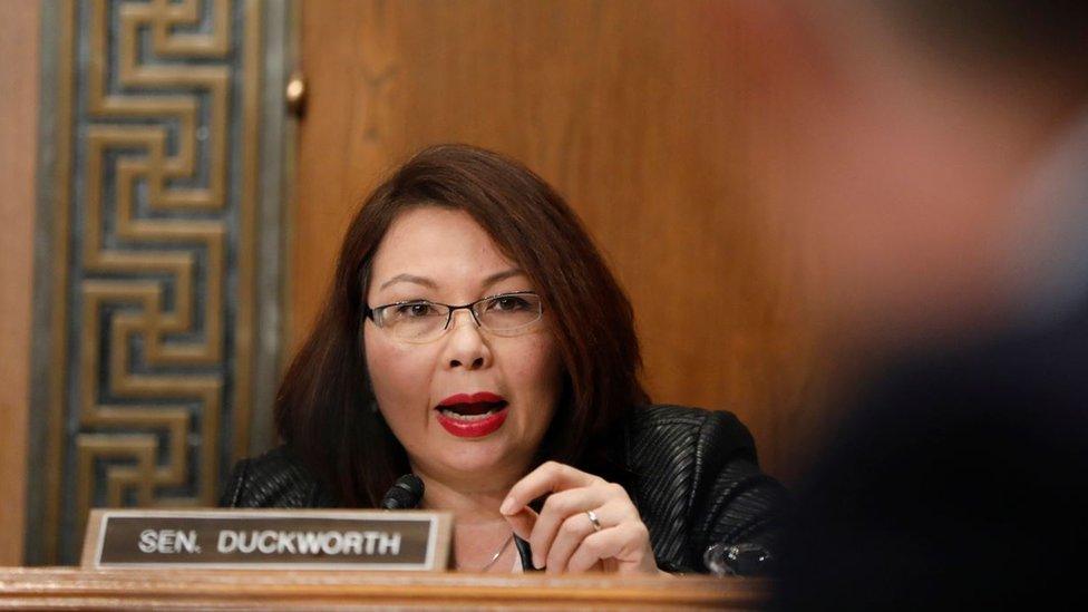 Senator Tammy Duckworth questioning a nominee, in over the shoulder shot from January 2017