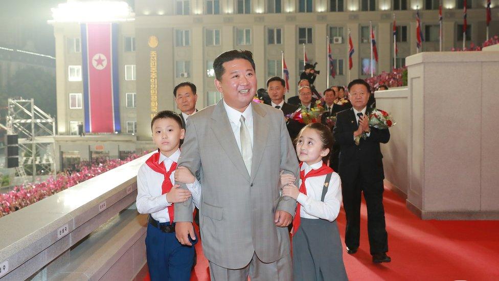 Kim Jong Un attends a paramilitary parade held to mark the founding anniversary of the republic at Kim Il Sung square in Pyongyang