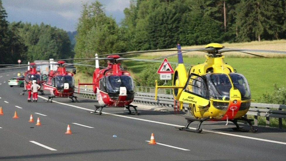 Rescue helicopters at bus crash scene on A9 near Hof (3 July)