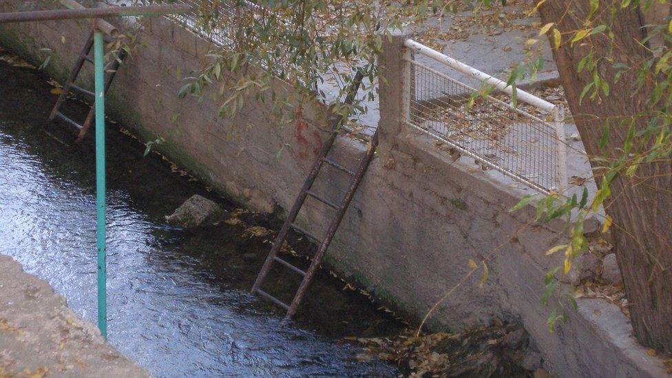 Swimming platform and ladder used by picnicing families in summer along Barada river