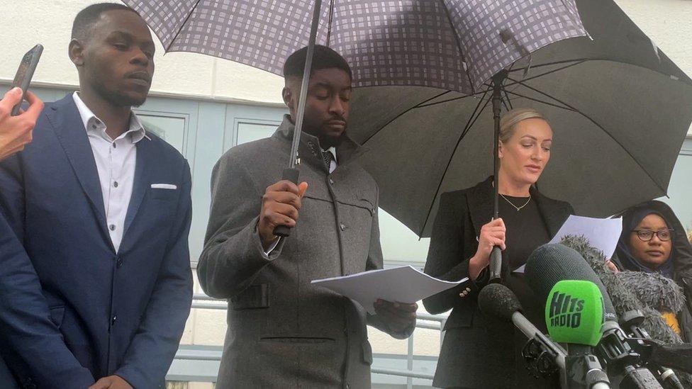 Left to right: Awaab Ishak's father Faisal Abdullah, counsel for the family Christian Weaver, solicitor Kelly Darlington and Awaab's mother Aisha Amin