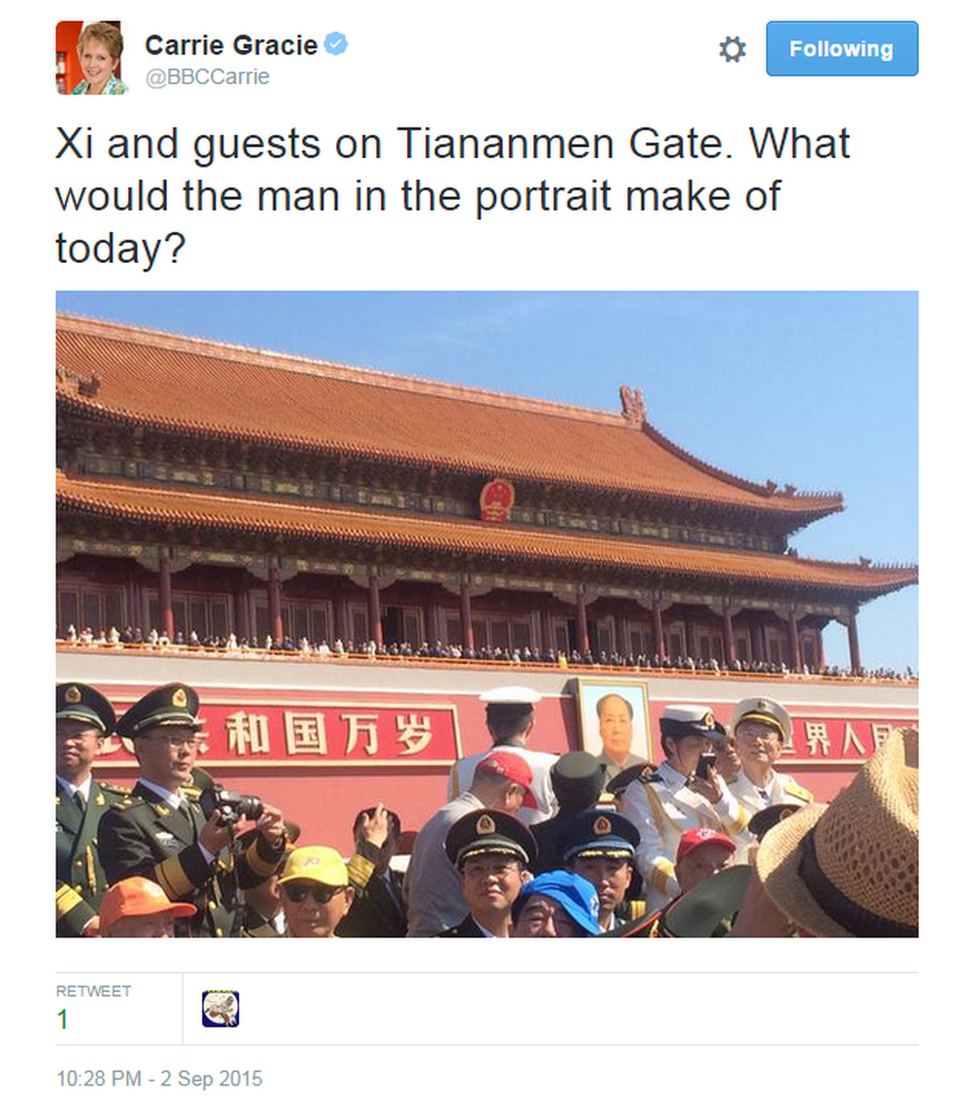 Xi and guests on Tiananmen Gate. What would the man in the portrait make of today?