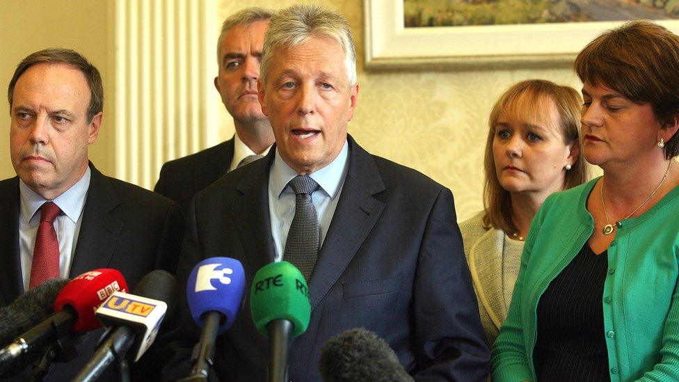 DUP leader Peter Robinson with senior party members Nigel Dodds, Michelle McIlveen and Arlene Foster