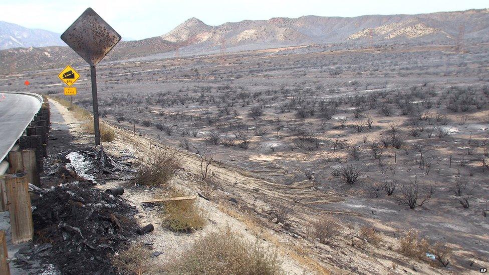 The aftermath of a brush fire next to a road in southern California