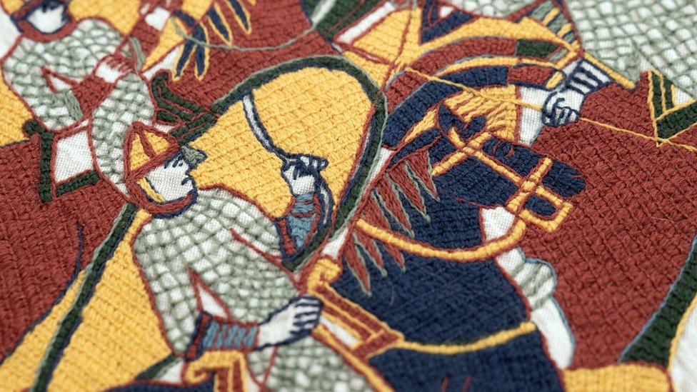 A detail of the unfinished recreation of the Bayeux Tapestry