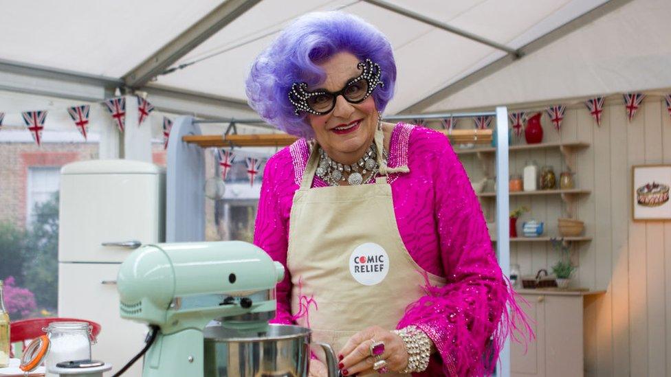 Dame Edna, taking part in The Great Red Nose Day Bake Off on 26 September, 2014 in Berkshire.