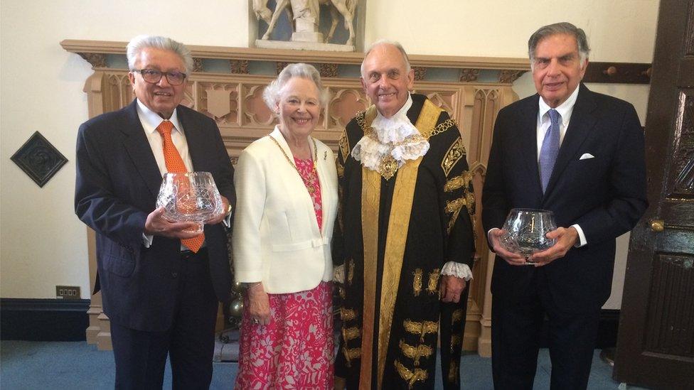 Lord Bhattacharyya, Mrs Maguinnis, Lord Mayor Michael Hammon and Ratan Tata