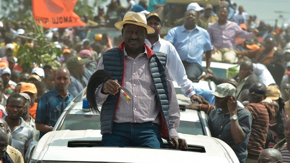 Kenyan's opposition party National Super Alliance (NASA) leader Raila Odinga looks on during a demonstration following his arrival to the Jomo Kenyatta International airport on November 17, 2017 in Nairobi.