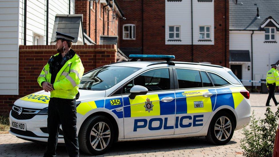 Police on the scene at Muggleton Road where a major incident was declared after a man and woman were exposed to the Novichok nerve agent