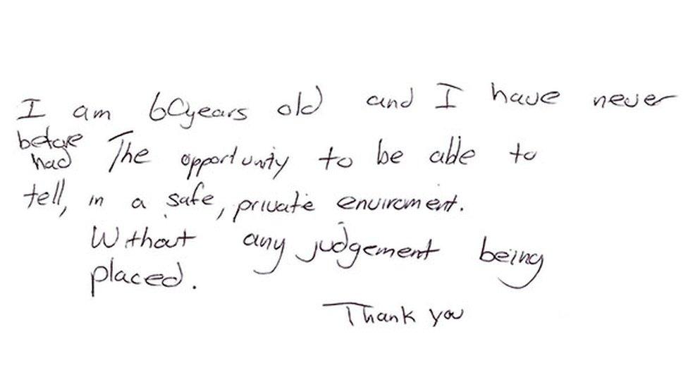 A message from a survivor reads: "I am 60 years old and I have never before had the opportunity to be able to tell, in a safe, private environment. Without any judgement being placed."