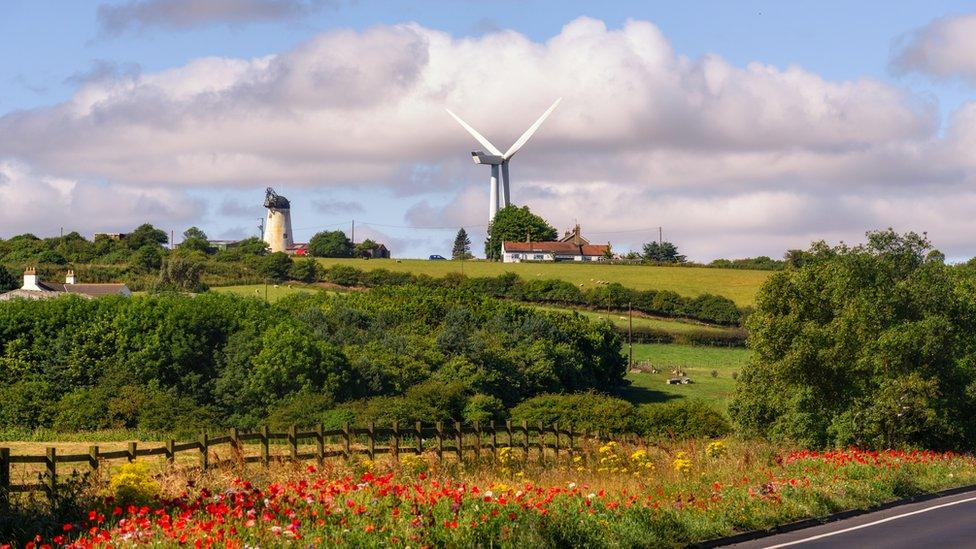 An old windmill and wind turbine on the outskirts of Hartlepool