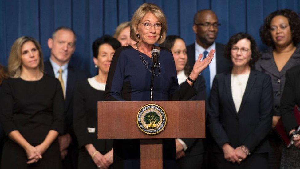 Education Secretary Betsy DeVos delivers remarks to staff on 'the importance of the work and mission' of the Education Department on her first day as secretary in Washington, DC, February 8, 2017.