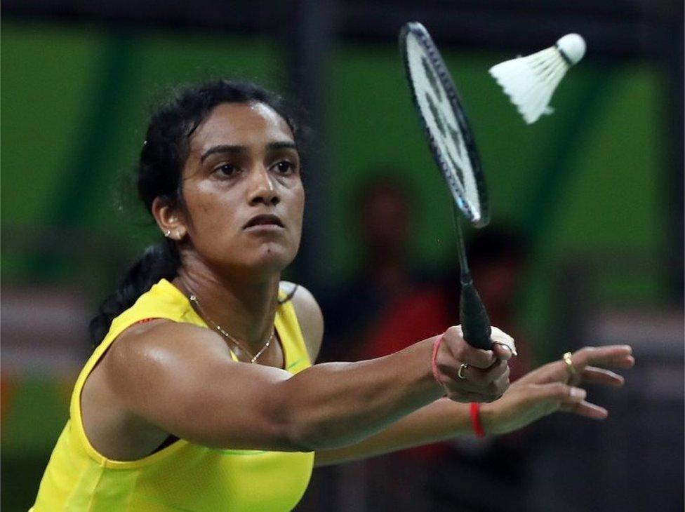 ndhu Pusarla V. of India in action against Nozomi Okuhara of Japan during their Rio 2016 Olympic Games Women"s Single Semifinal match at the Riocentro in Rio de Janeiro, Brazil, 18 August 2016