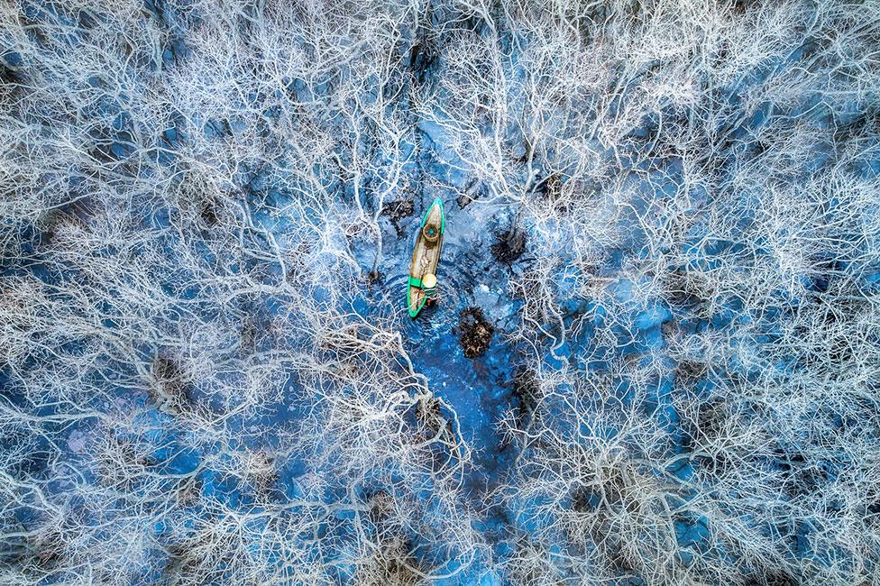 A fisherman navigates the waters in the Ru Cha mangrove forest near Hue, Vietnam