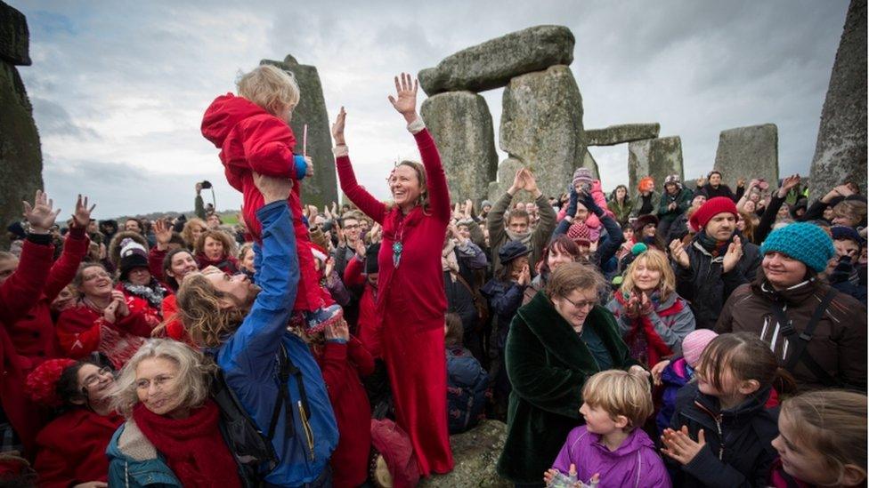 Susie Ro Prater leads the Shakti Sings choir as druids, pagans and revellers gather at Stonehenge