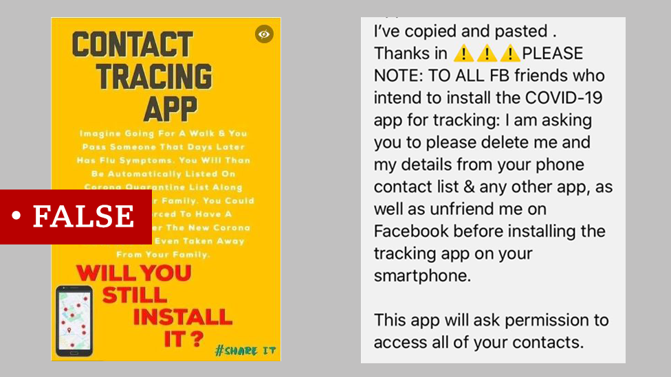 A false contact tracing meme and another screenshot of a false post about a future track and trace app